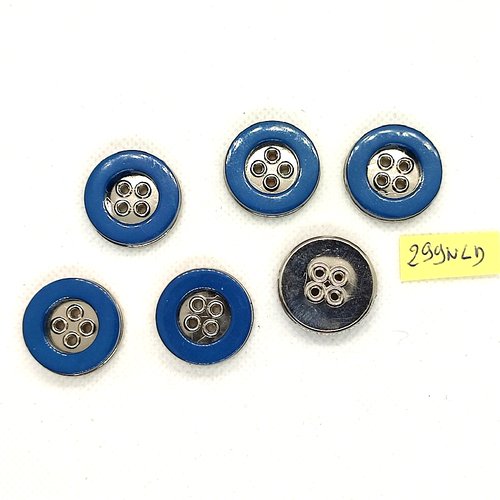 6 boutons en résine bleu et métal argenté - 24mm - 299nld