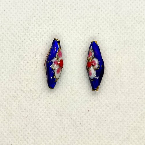 2 perles en métal et émail bleu blanc rose - perles cloisonnées - 8x22mm