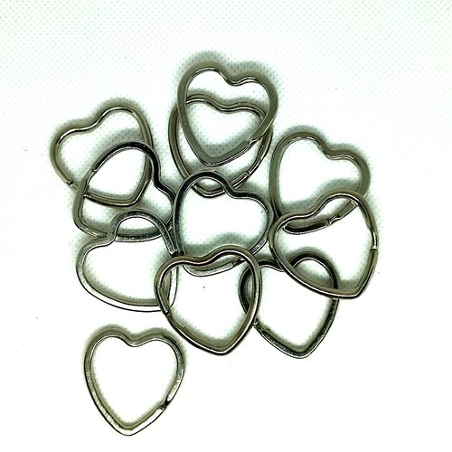 10 anneaux métal argenté - coeur - pour porte clefs - 32mm