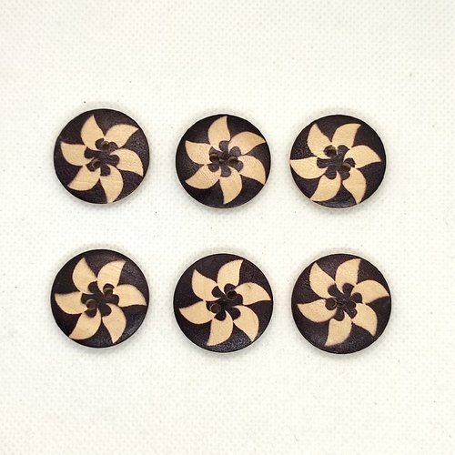 6 boutons en bois beige et noir - fleur - 25mm
