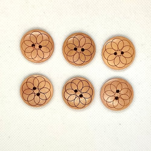 6 boutons en bois beige - une rosace - 25mm