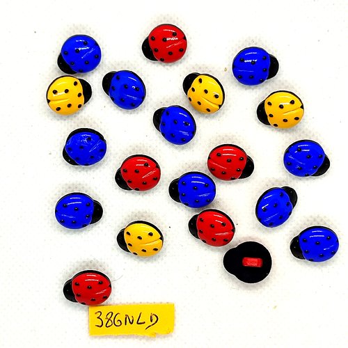 21 boutons en résine bleu jaune rouge - coccinelle - 12x14mm - 386nld