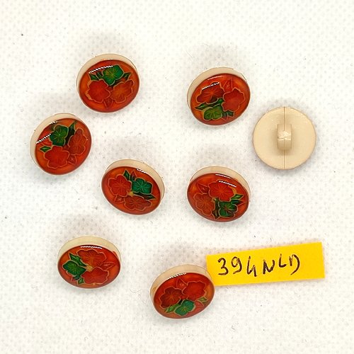 8 boutons en résine beige et fleur multicolore - 15mm - 394nld