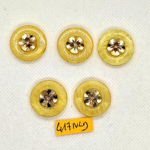 5 boutons en résine jaune et doré - 22mm - 417nld