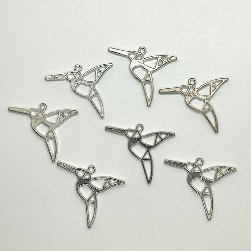 7 breloques en métal argenté - origami - colibri - 29x27mm - 102