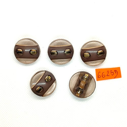 5 boutons en résine transparent et taupe - vintage - 24mm - 6623d