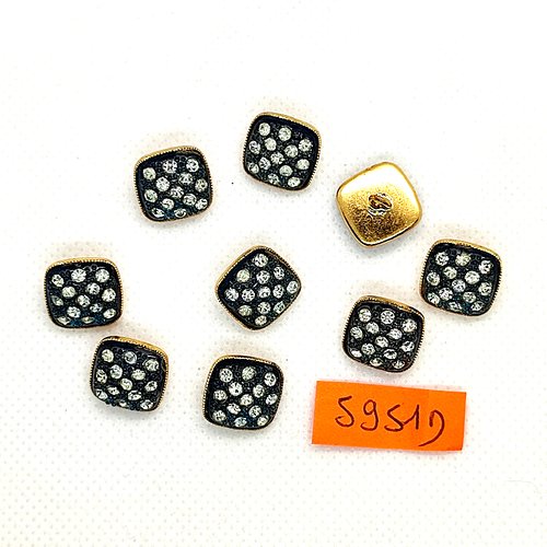 9 boutons en métal doré sur fond bleu et strass - vintage - 13x13mm - 5951d