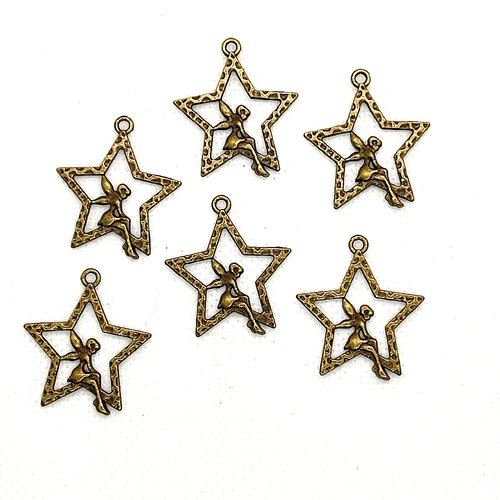 6 breloques en métal bronze - étoile et fée -  25x27mm - 116