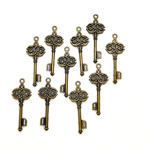 10 breloques en métal bronze - clefs - 17x45mm - 122