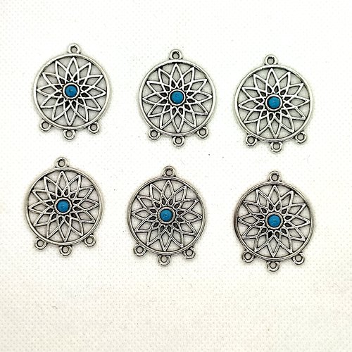 6 breloques en métal argenté et bleu - 27x33mm - 136