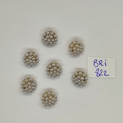 7 boutons en métal doré et perles blanches - 11mm - bri822