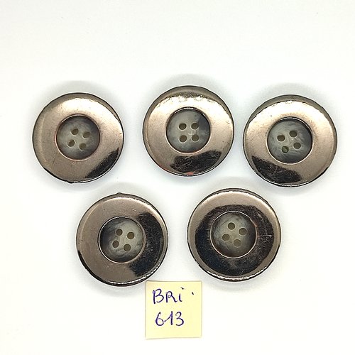 5 boutons en résine argenté et beige / marron - 28mm - bri813