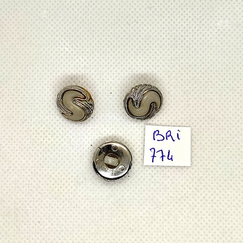 3 boutons en résine argenté et blanc cassé - 15mm - bri774