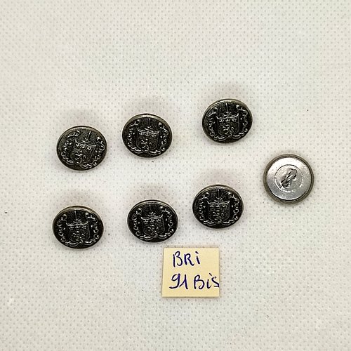 7 boutons en métal argenté avec un  blason - 14mm - bri91bis