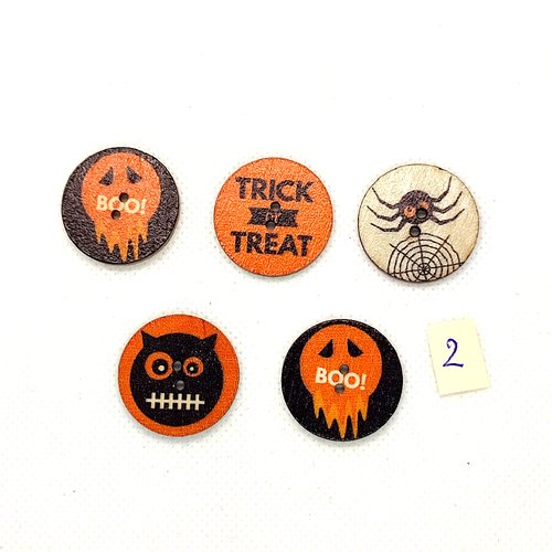 5 boutons fantaisie en bois orange et noir - halloween - 25mm - bri864-2