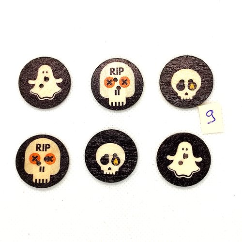 6 boutons fantaisie en bois noir et blanc - halloween - 25mm - bri864-9