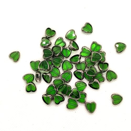 50 perles en verre - des coeurs vert et argenté - 10mm - 245