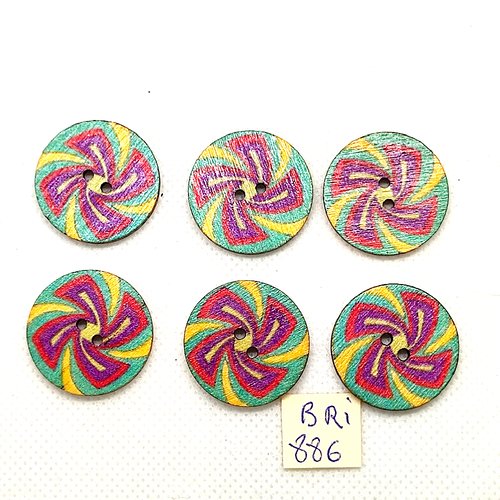 6 boutons fantaisie en bois multicolore - 25mm - bri886-1