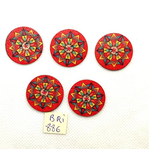 5 boutons fantaisie en bois fond rouge et multicolore - 25mm - bri886-2