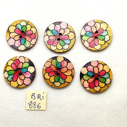 6 boutons fantaisie en bois - fleur multicolore - 25mm - bri886-4