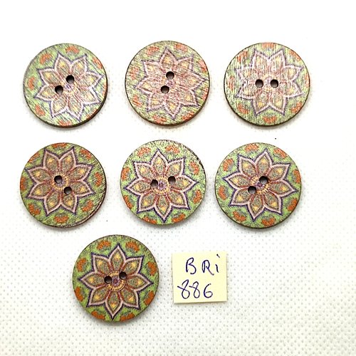 7 boutons fantaisie en bois fond vert et multicolore - 25mm - bri886-6