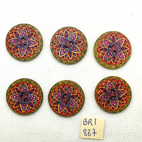 6 boutons fantaisie en bois multicolore - 25mm - bri887-11