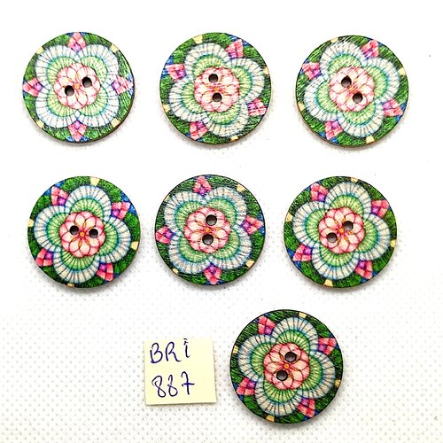 7 boutons fantaisie en bois vert et bleu - 25mm - bri887-14