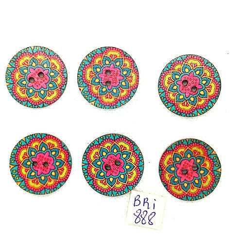 6 boutons fantaisie en bois multicolore - 25mm - bri888-17