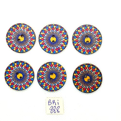 6 boutons fantaisie en bois multicolore - 25mm - bri888-19