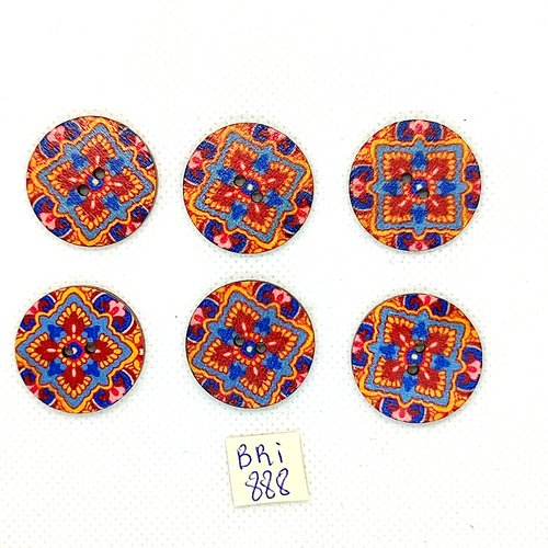 6 boutons fantaisie en bois multicolore - 25mm - bri888-20