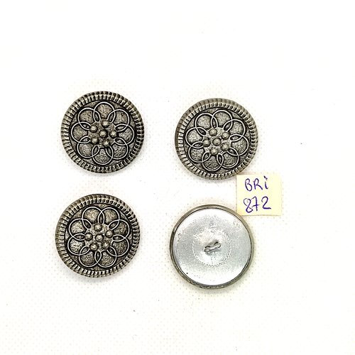 4 boutons en métal argenté - fleur - 27mm - bri872