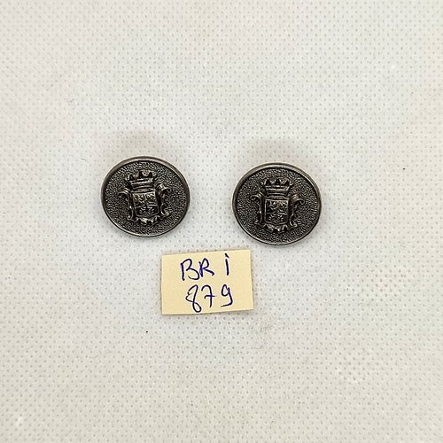2 boutons en métal argenté - un  blason - 19mm - bri879