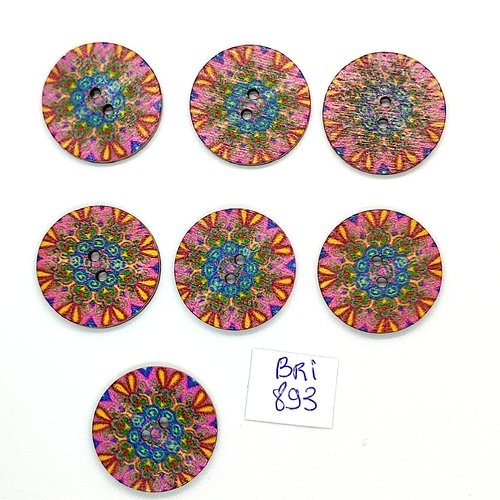 7 boutons fantaisie en bois multicolore - 25mm - bri893-24
