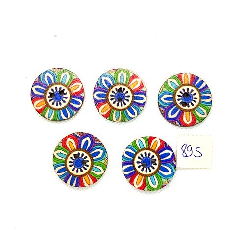 5 boutons fantaisie en bois multicolore - 25mm - bri895-42