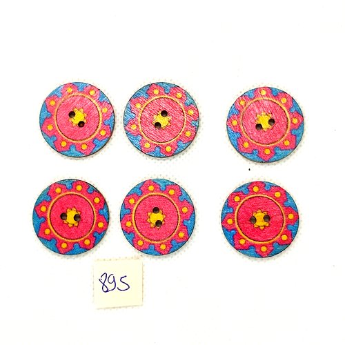 6 boutons fantaisie en bois multicolore - 25mm - bri895-43
