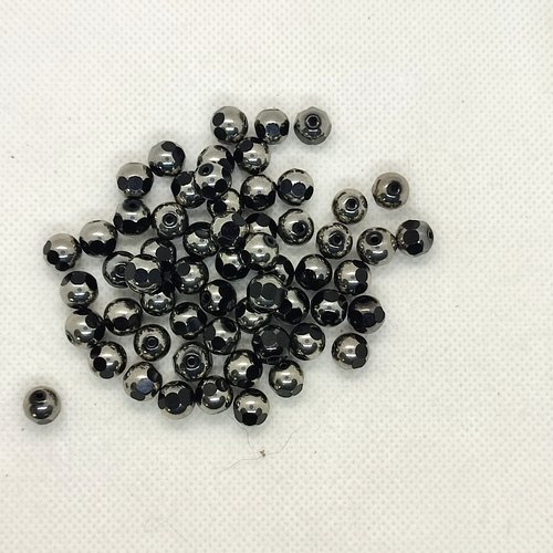 60 perles à facettes en verre argenté et noir - 7mm - 249