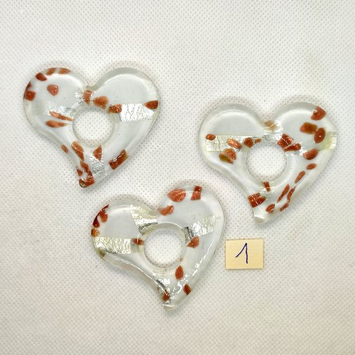 3 pendentifs en verre coeur blanc et marron - 52x58mm