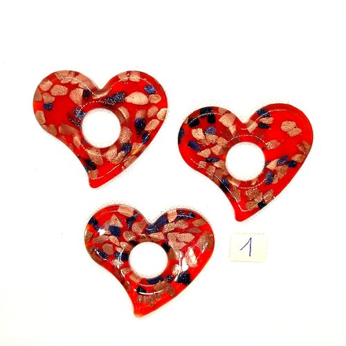 3 pendentifs en verre coeur rouge et multicolore - 52x58mm