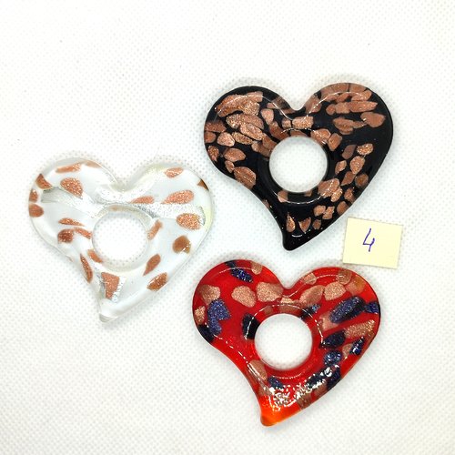 3 pendentifs en verre coeur noir rouge et blanc - 52x58mm