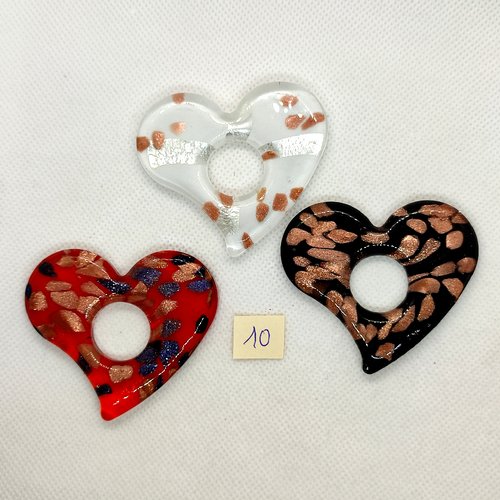 3 pendentisf en verre coeur noir rouge et blanc - 52x58mm