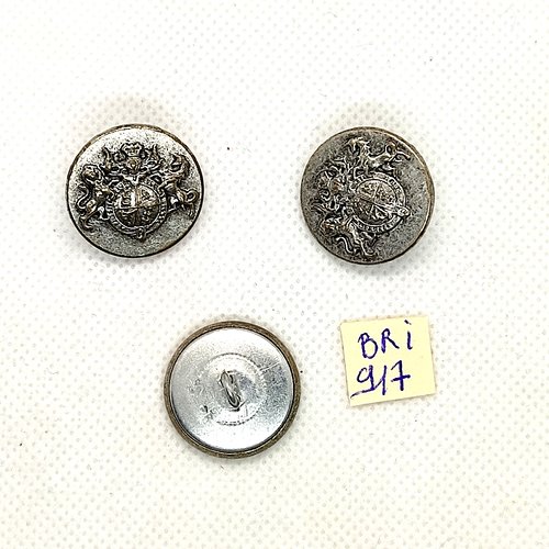 3 boutons en métal argenté avec blason - 22mm - bri917