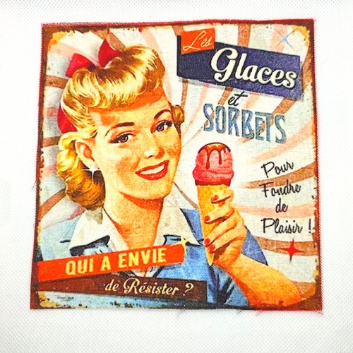 Coupon tissu publicité vintage glaces - coton - 15,5x15,5cm