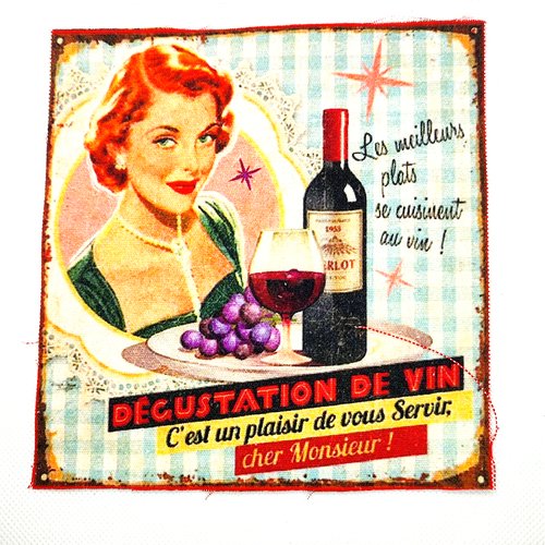 Coupon tissu publicité vintage dégustation de vin - coton - 15,5x15,5cm