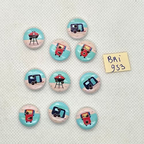 10 boutons en bois - caravane sac à dos et barbecue sur fond bleu et rose - 15mm - bri953