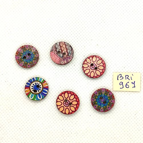 6 boutons en bois multicolore - 15mm - bri969-1