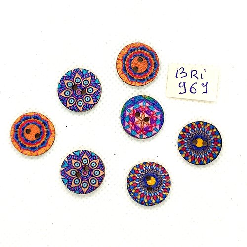 7 boutons en bois multicolore - 15mm - bri969-2