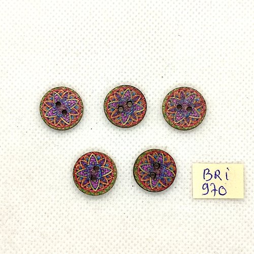 5 boutons en bois multicolore - 15mm - bri970-1