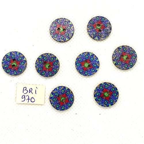8 boutons en bois bleu et multicolore - 15mm - bri970-6