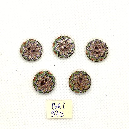5 boutons en bois multicolore - 15mm - bri970-7