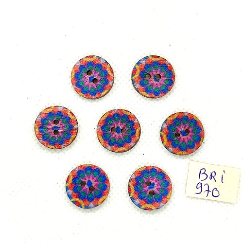 7 boutons en bois bleu et orange - 15mm - bri970-8